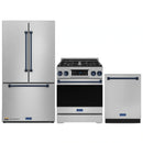 Gordon Ramsay by Thor Kitchen 3-Piece Appliance Package - 30-Inch Propane Gas Range, Tilt Panel, 36-Inch Refrigerator, and Dishwasher in Stainless Steel with Blue Trim