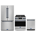 Gordon Ramsay by Thor Kitchen 3-Piece Appliance Package - 30-Inch Gas Range with Tilt Panel, 36-Inch Refrigerator, and Dishwasher in Stainless Steel with Blue Trim