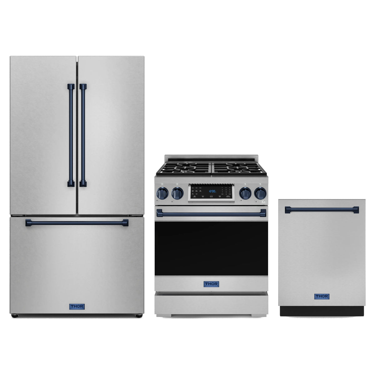 Gordon Ramsay by Thor Kitchen 3-Piece Appliance Package - 30-Inch Gas Range with Tilt Panel, 36-Inch Refrigerator, and Dishwasher in Stainless Steel with Blue Trim