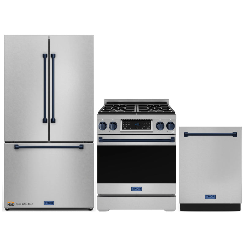 Thor Kitchen Gordon Ramsay 3-Piece Appliance Package - 30-Inch Gas Range with Tilt Panel, 36-Inch Refrigerator, and Dishwasher in Stainless Steel with Blue Trim