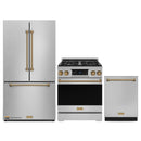 Gordon Ramsay by Thor Kitchen 3-Piece Appliance Package - 30-Inch Gas Range with Tilt Panel, 36-Inch Refrigerator, and Dishwasher in Stainless Steel with Bronze Trim