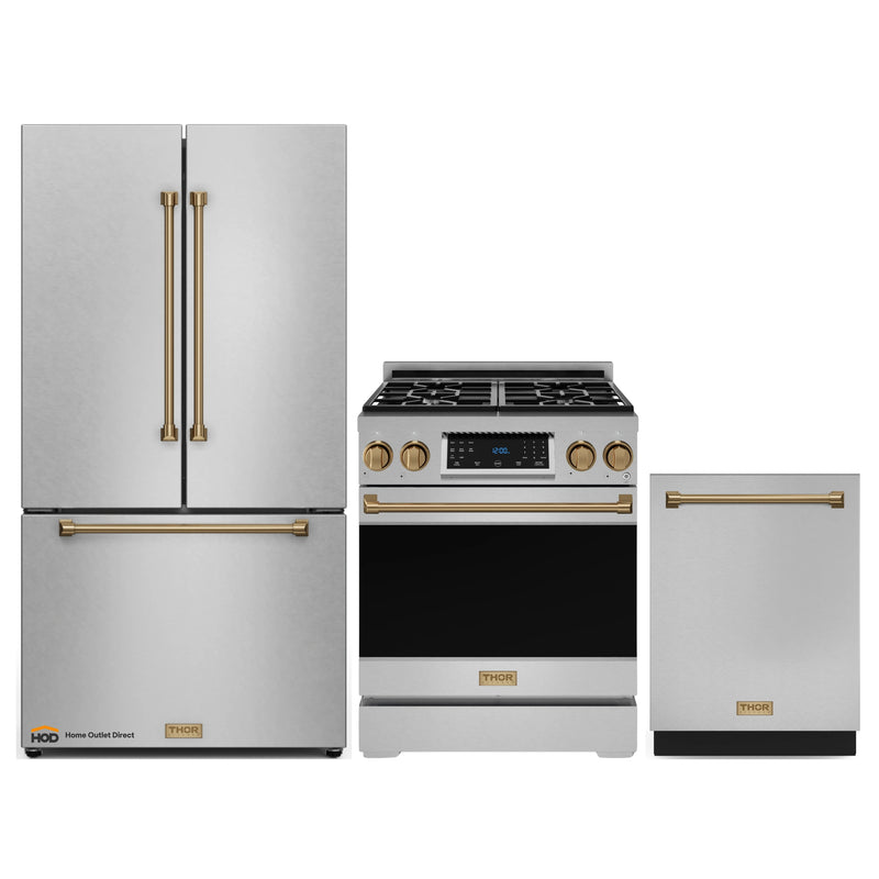 Thor Kitchen Gordon Ramsay 3-Piece Appliance Package - 30-Inch Gas Range with Tilt Panel, 36-Inch Refrigerator, and Dishwasher in Stainless Steel with Bronze Trim