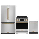 Gordon Ramsay by Thor Kitchen 3-Piece Appliance Package - 30-Inch Gas Range with Tilt Panel, 36-Inch Refrigerator, and Dishwasher in Stainless Steel with Bronze Trim