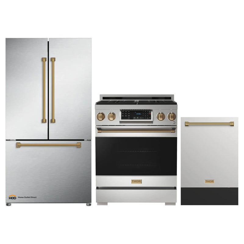 Thor Kitchen Gordon Ramsay 3-Piece Appliance Package - 30-Inch Gas Range with Tilt Panel, Refrigerator, and Dishwasher in Stainless Steel with Bronze Trim