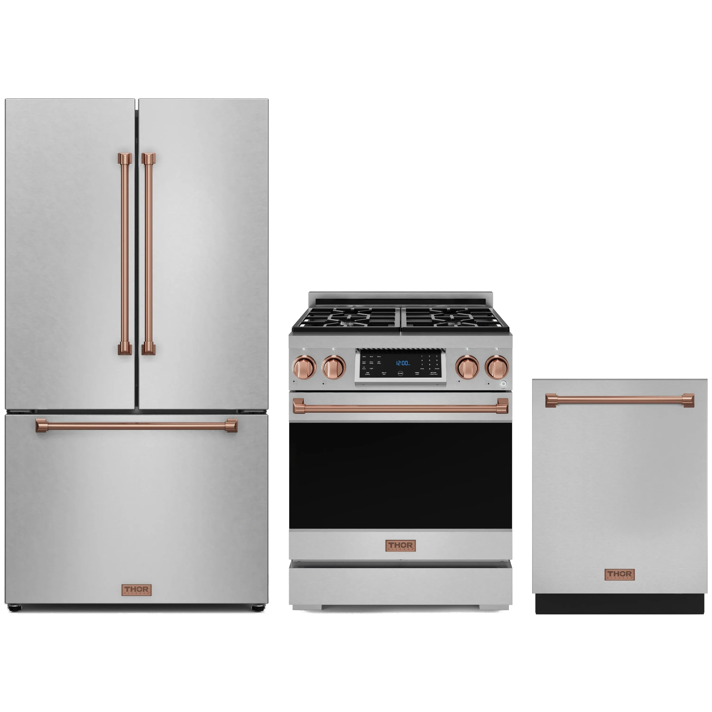 Stainless steel 3-piece appliance set with rose gold trim: fridge, gas range, and dishwasher