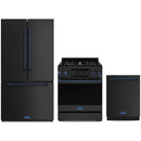 Gordon Ramsay by Thor Kitchen 3-Piece Appliance Package - 30-Inch Propane Gas Range, Tilt Panel, 36-Inch Refrigerator, and Dishwasher in Black with Blue Trim