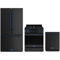 Gordon Ramsay by Thor Kitchen 3-Piece Appliance Package - 30-Inch Gas Range with Tilt Panel, 36-Inch Refrigerator, and Dishwasher in Matte Black with Blue Trim