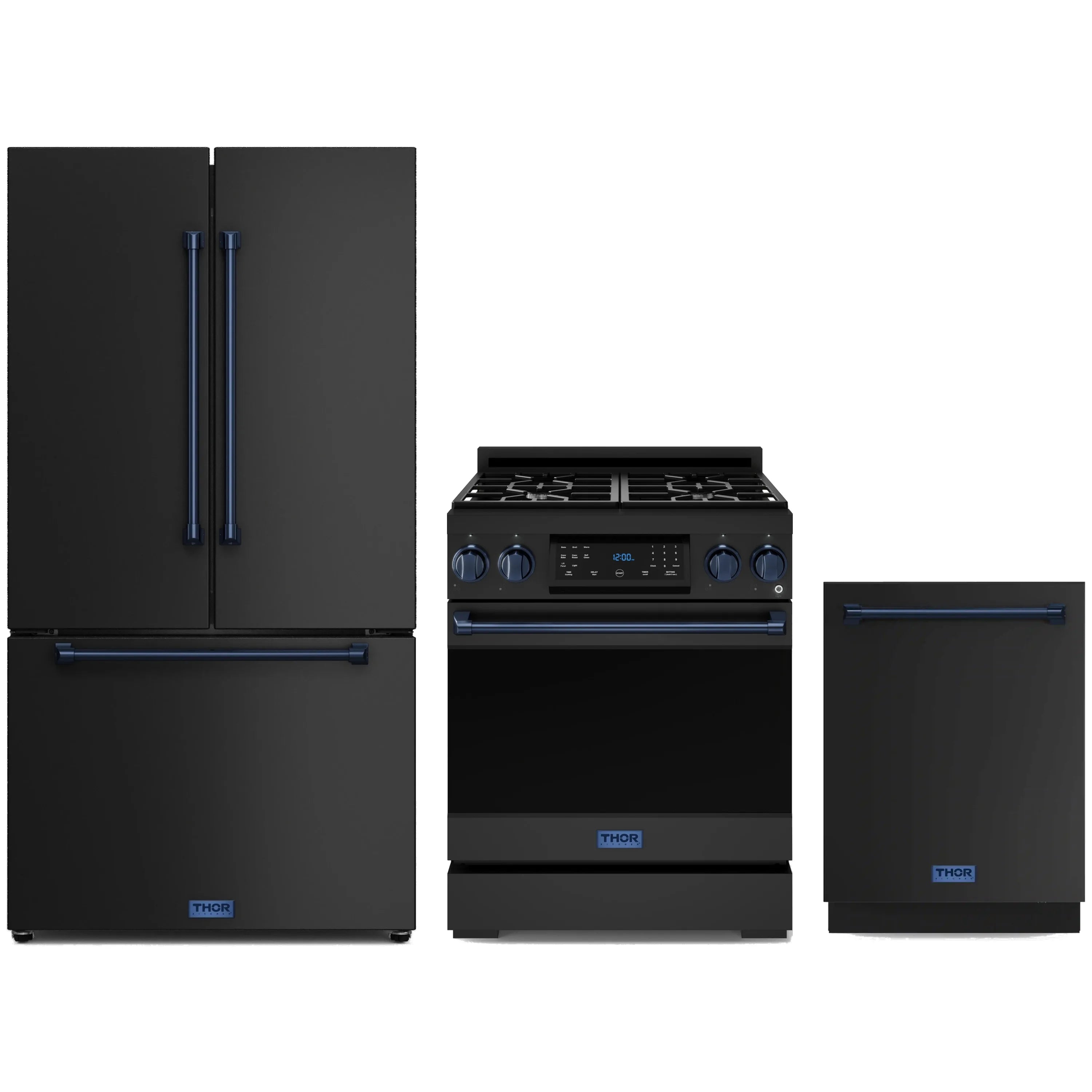 3-piece appliance package: black refrigerator, gas range, and dishwasher with blue trim