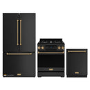 Gordon Ramsay by Thor Kitchen 3-Piece Appliance Package - 30-Inch Propane Gas Range, Tilt Panel, 36-Inch Refrigerator, and Dishwasher in Black with Bronze Trim