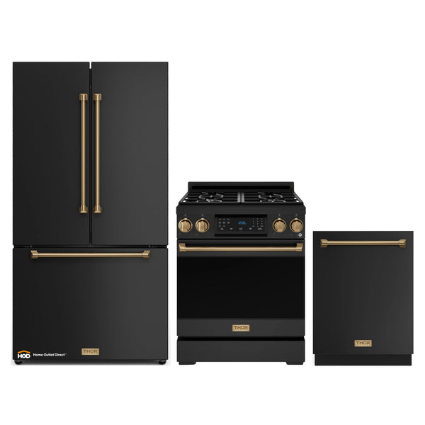 Thor Kitchen Gordon Ramsay 3-Piece Appliance Package - 30-Inch Gas Range with Tilt Panel, 36-Inch Refrigerator, and Dishwasher in Black with Bronze Trim