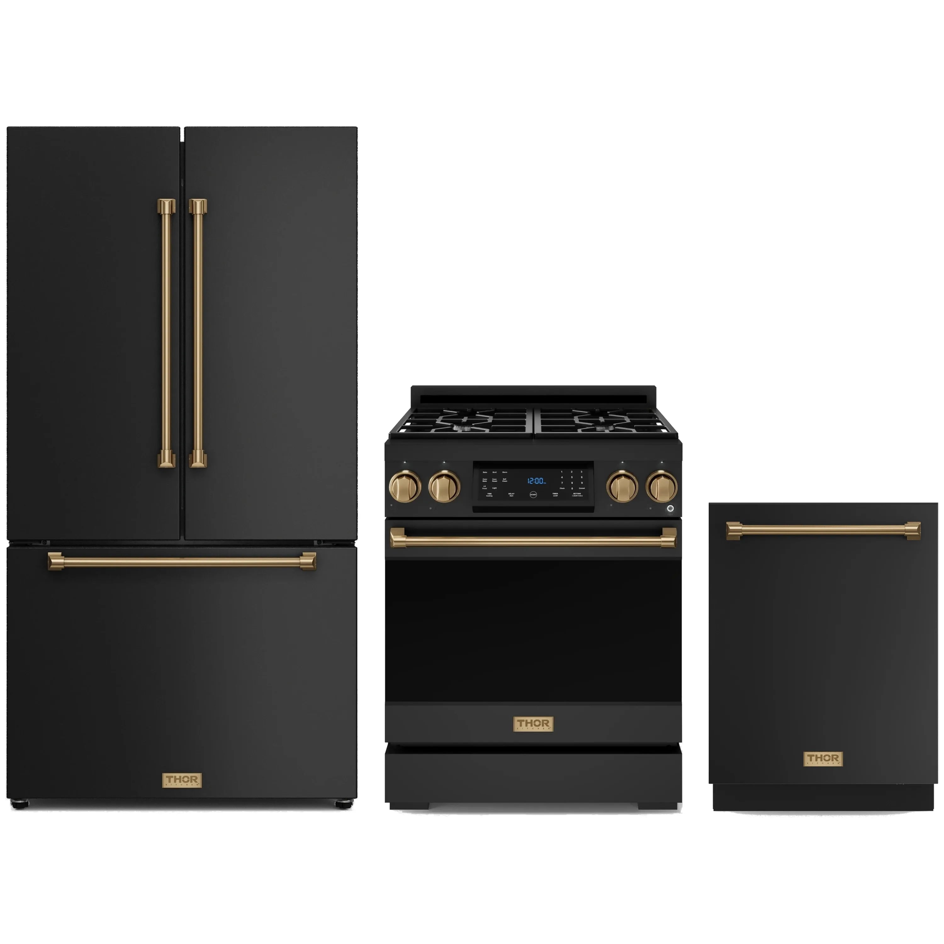 Black appliance package with bronze trim: refrigerator, gas range, and dishwasher