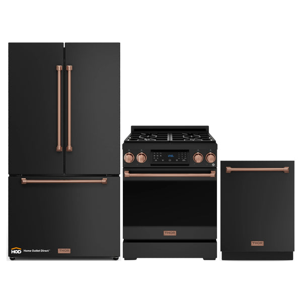 Thor Kitchen Gordon Ramsay 3-Piece Appliance Package - 30-Inch Gas Range with Tilt Panel, 36-Inch Refrigerator, and Dishwasher in Black with Rose Gold Trim