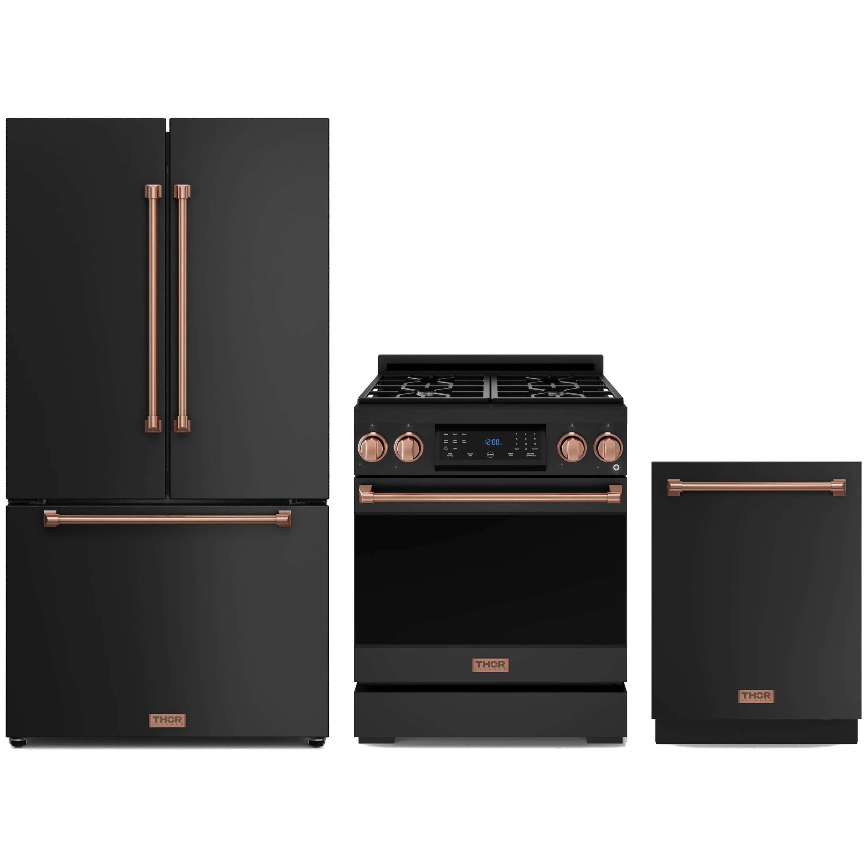 3-piece black appliance package with rose gold trim: gas range, refrigerator, dishwasher