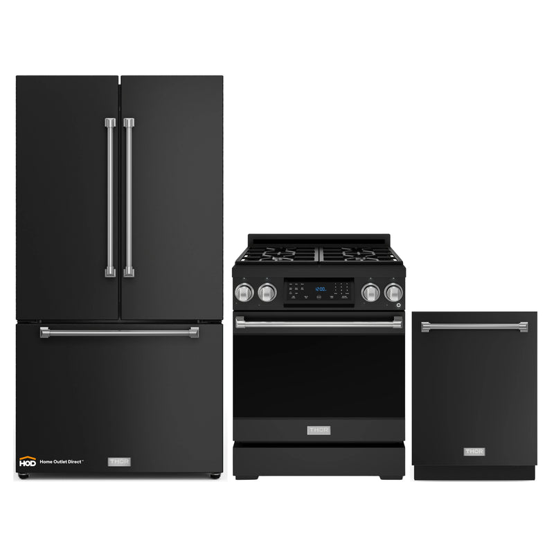 Thor Kitchen Gordon Ramsay 3-Piece Appliance Package - 30-Inch Gas Range with Tilt Panel, 36-Inch Refrigerator, and Dishwasher in Black with Stainless Steel Trim