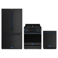 Gordon Ramsay by Thor Kitchen 3-Piece Appliance Package - 30-Inch Propane Gas Range, Tilt Panel, 36-Inch Refrigerator, and Dishwasher in Matte Black with Blue Trim