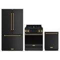 Gordon Ramsay by Thor Kitchen 3-Piece Appliance Package - 30-Inch Propane Gas Range, Tilt Panel, 36-Inch Refrigerator, and Dishwasher in Matte Black with Bronze Trim