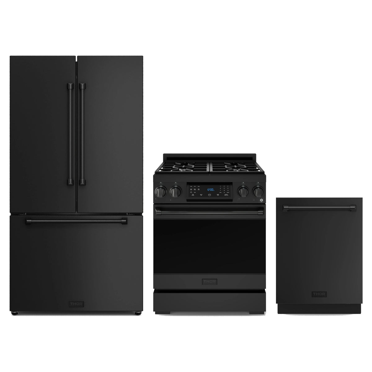 Gordon Ramsay by Thor Kitchen 3-Piece Appliance Package - 30-Inch Propane Gas Range, Tilt Panel, 36-Inch Refrigerator, and Dishwasher in Matte Black