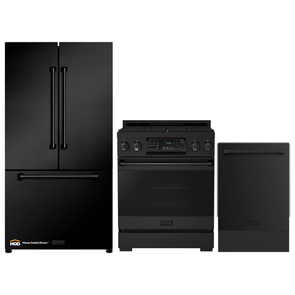 Thor Kitchen Gordon Ramsay 3-Piece Appliance Package - 30-Inch Gas Range with Tilt Panel, Refrigerator, and Dishwasher in Black