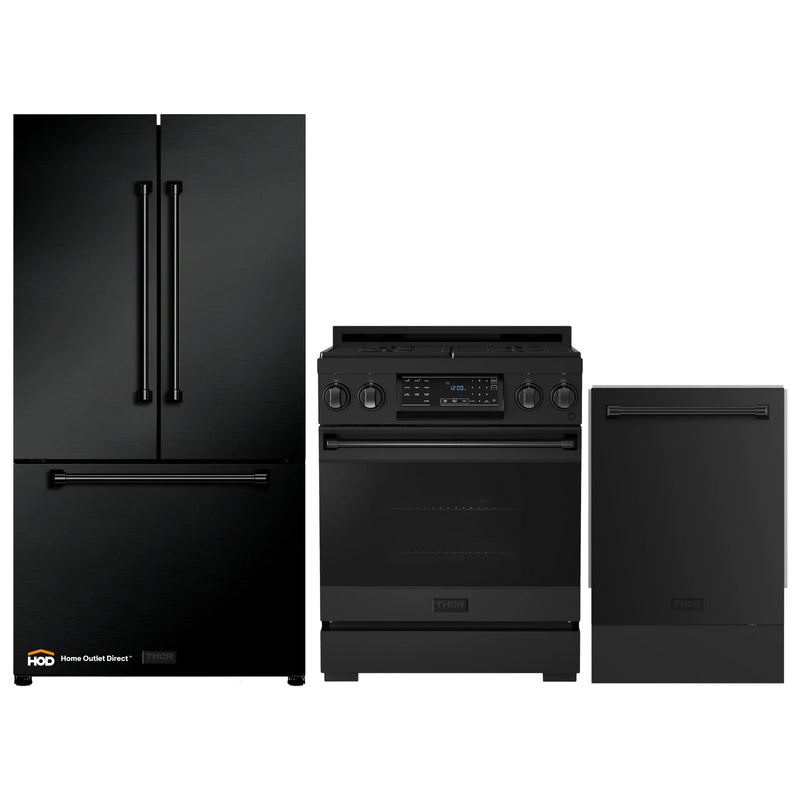 Thor Kitchen Gordon Ramsay 3-Piece Appliance Package - 30-Inch Gas Range with Tilt Panel, Refrigerator, and Dishwasher in Black