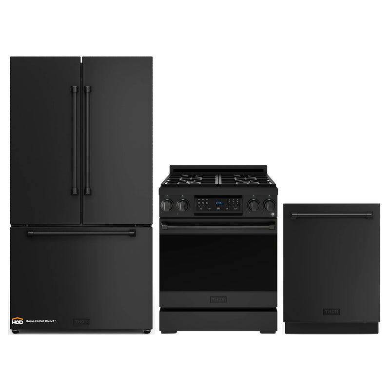 Gordon Ramsay by Thor Kitchen 3-Piece Appliance Package - 30-Inch Propane Gas Range, Tilt Panel, 36-Inch Refrigerator, and Dishwasher in Black