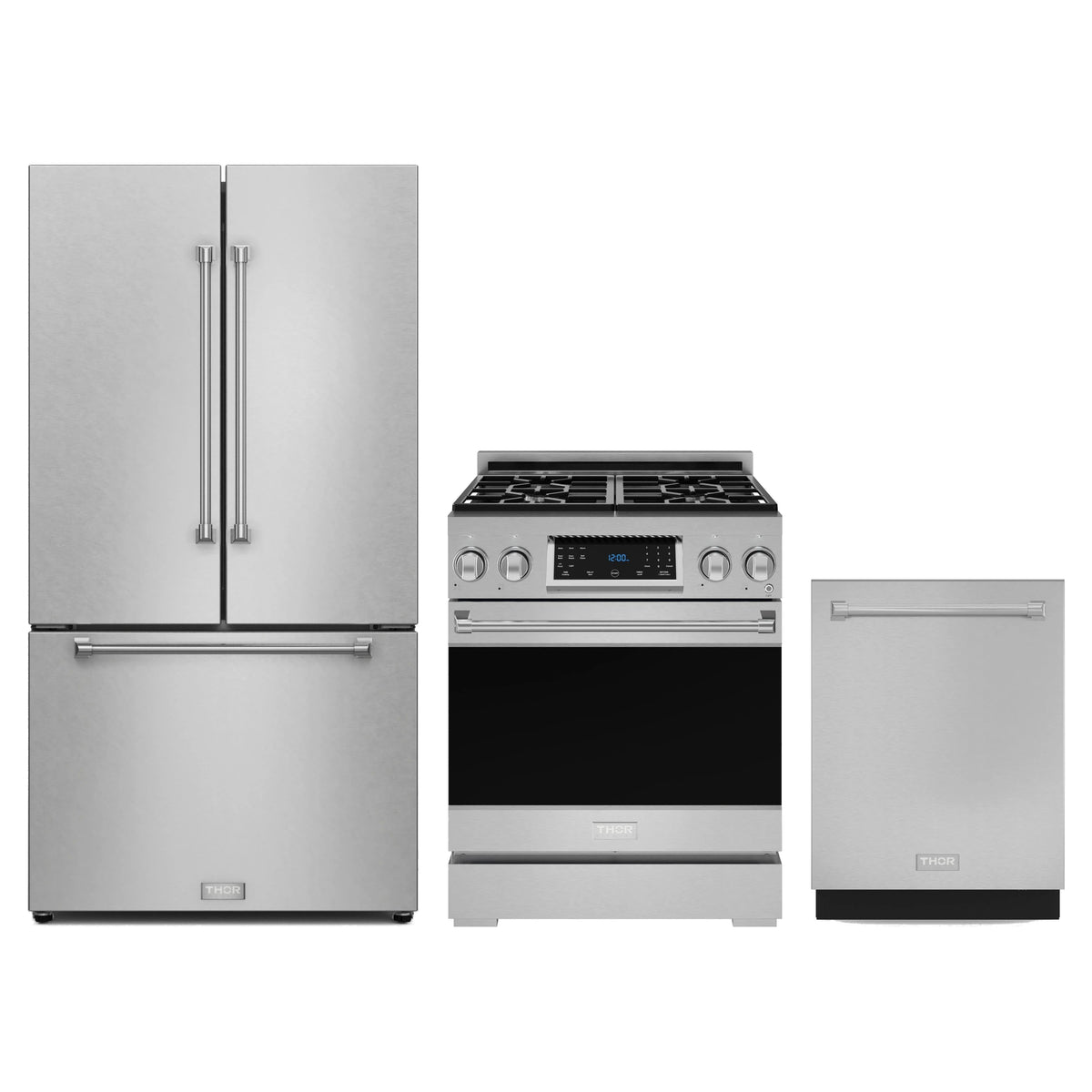 Gordon Ramsay by Thor Kitchen 3-Piece Appliance Package - 30-Inch Propane Gas Range, Tilt Panel, 36-Inch Refrigerator, and Dishwasher in Stainless Steel