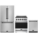 Stainless steel Thor Kitchen appliance package with 30-inch range, counter-depth refrigerator, dishwasher
