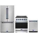 Stainless steel Thor Kitchen appliance package with 30-inch range, counter-depth refrigerator, dishwasher