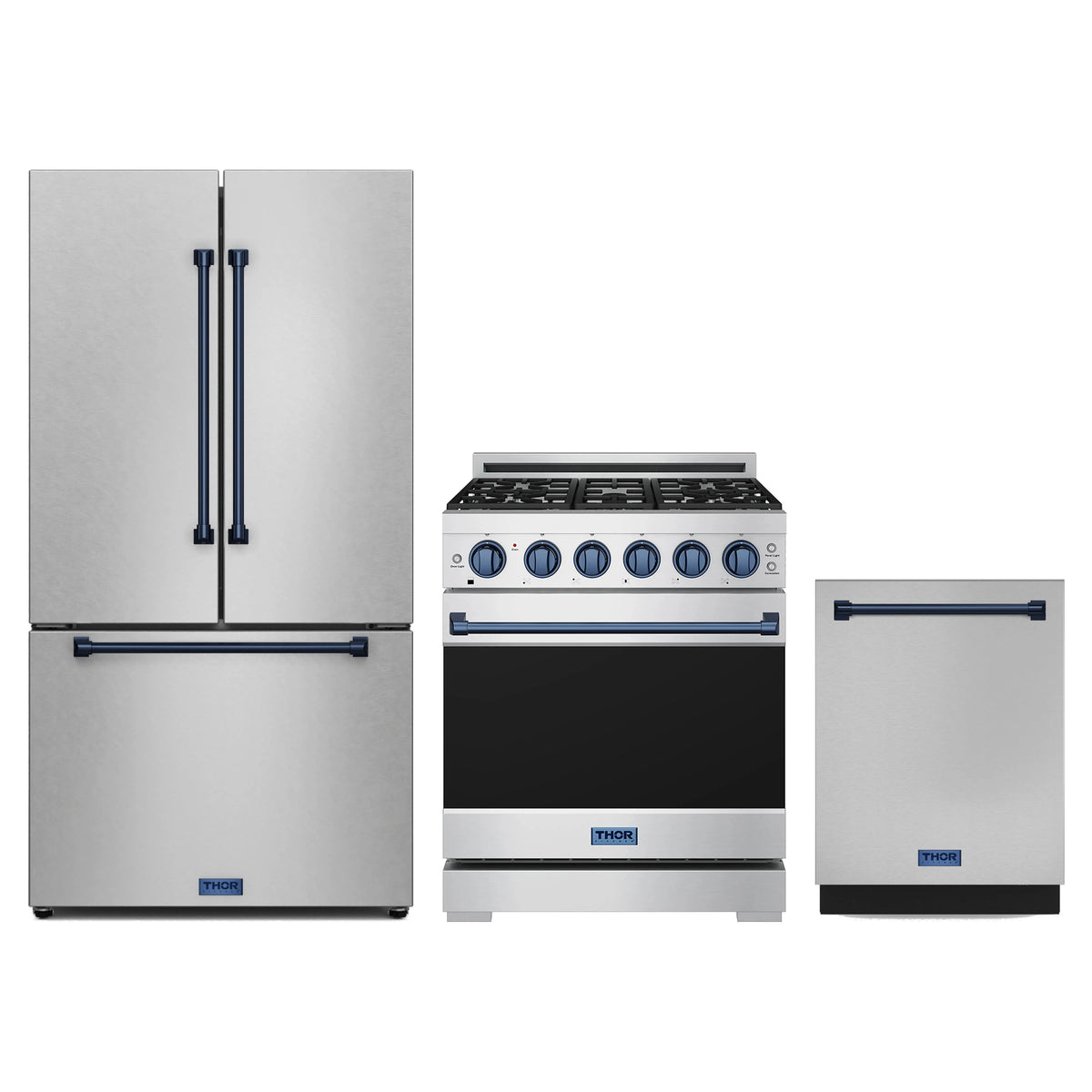 Gordon Ramsay by Thor Kitchen 3-Piece Appliance Package - 30-Inch Natural Gas Range, Counter-Depth Refrigerator, & Dishwasher in Stainless Steel with Blue Trim
