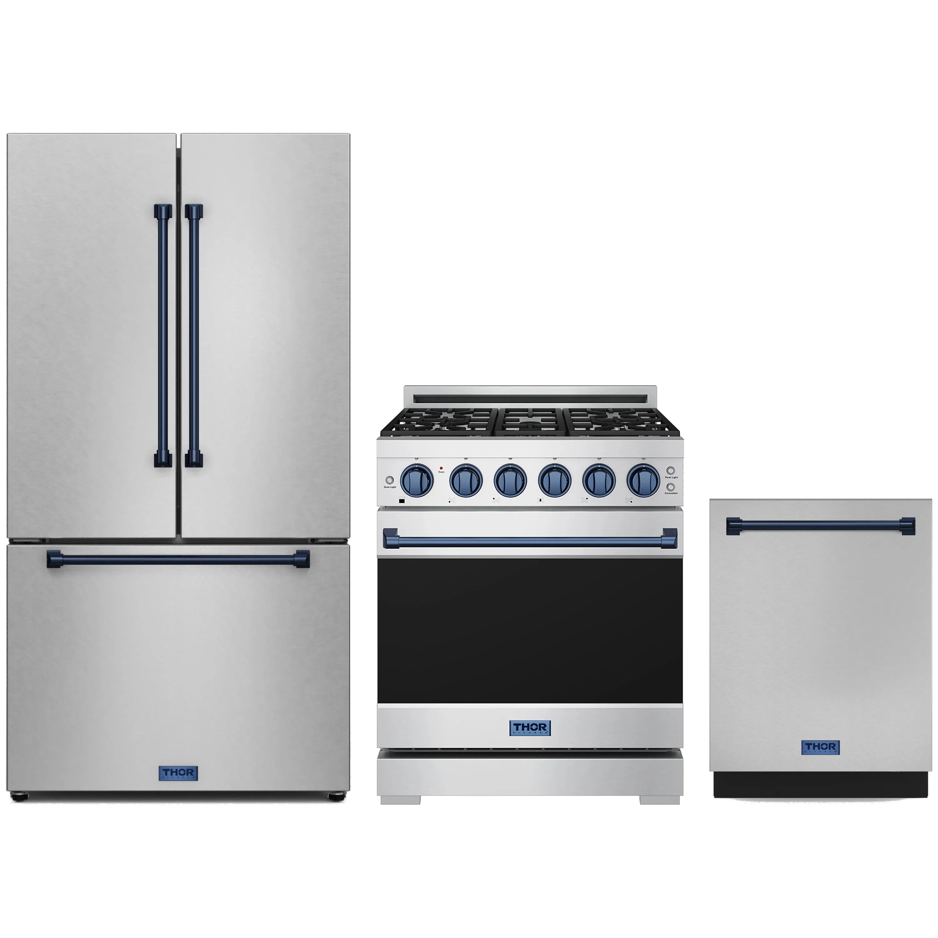 3-piece stainless appliance package: counter-depth refrigerator, gas range, and dishwasher