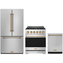 Stainless steel Thor Kitchen appliance package with 30-inch range, counter-depth refrigerator, dishwasher