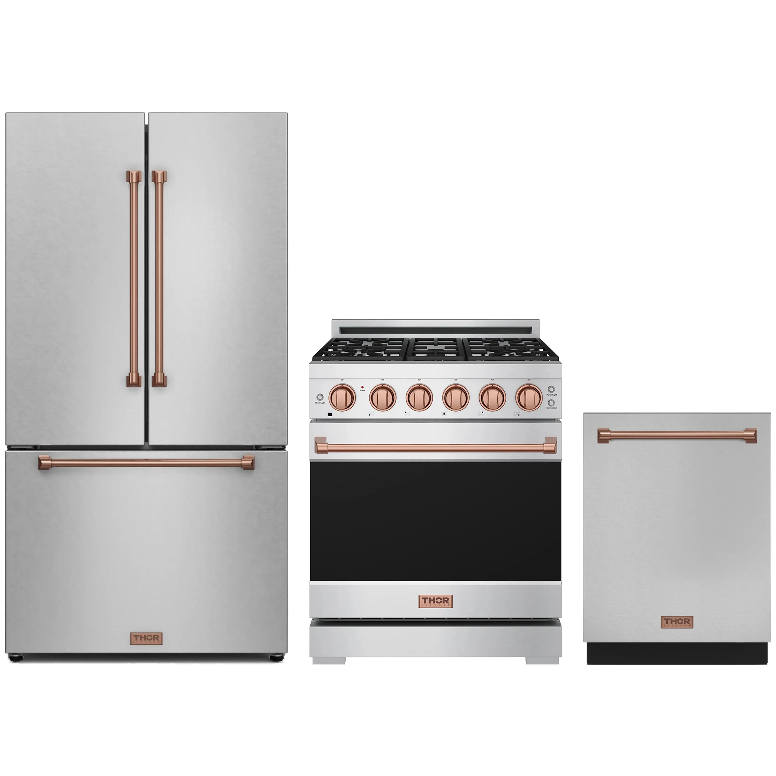 3-piece stainless steel appliance package with rose gold trim: range, fridge, dishwasher
