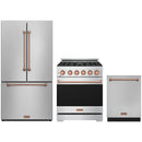 Stainless steel Thor Kitchen appliance package with 30-inch range, counter-depth refrigerator, dishwasher