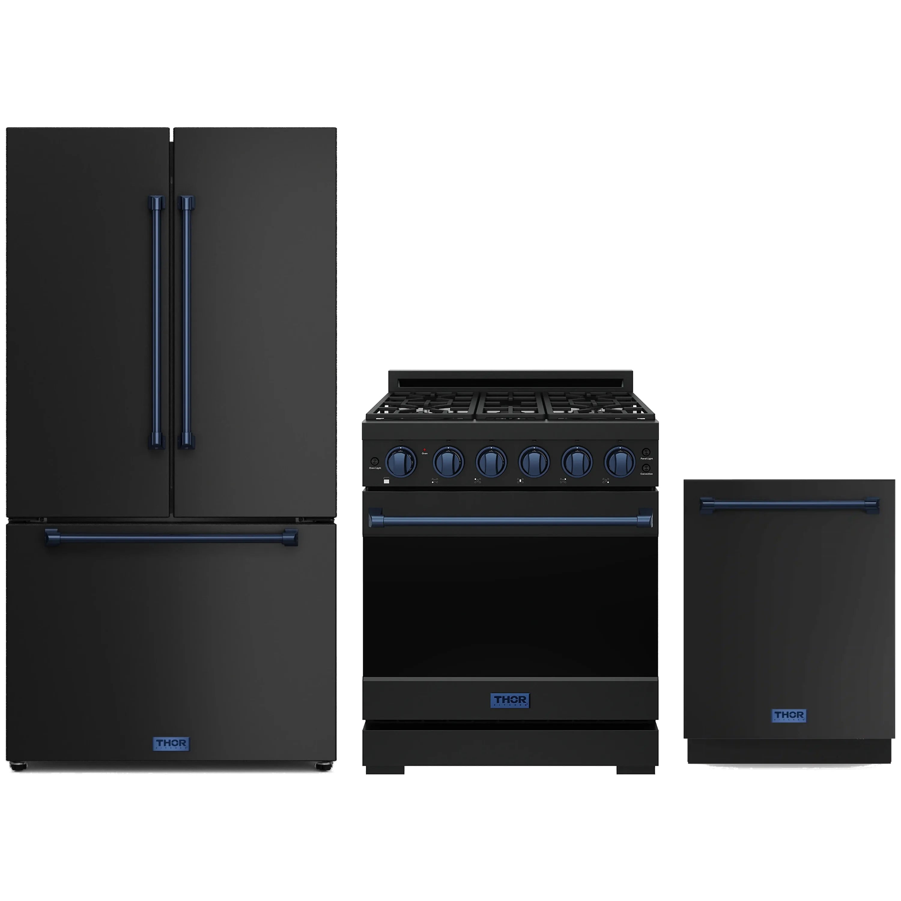 Black Thor gas range with blue control trim and burner grates, freestanding