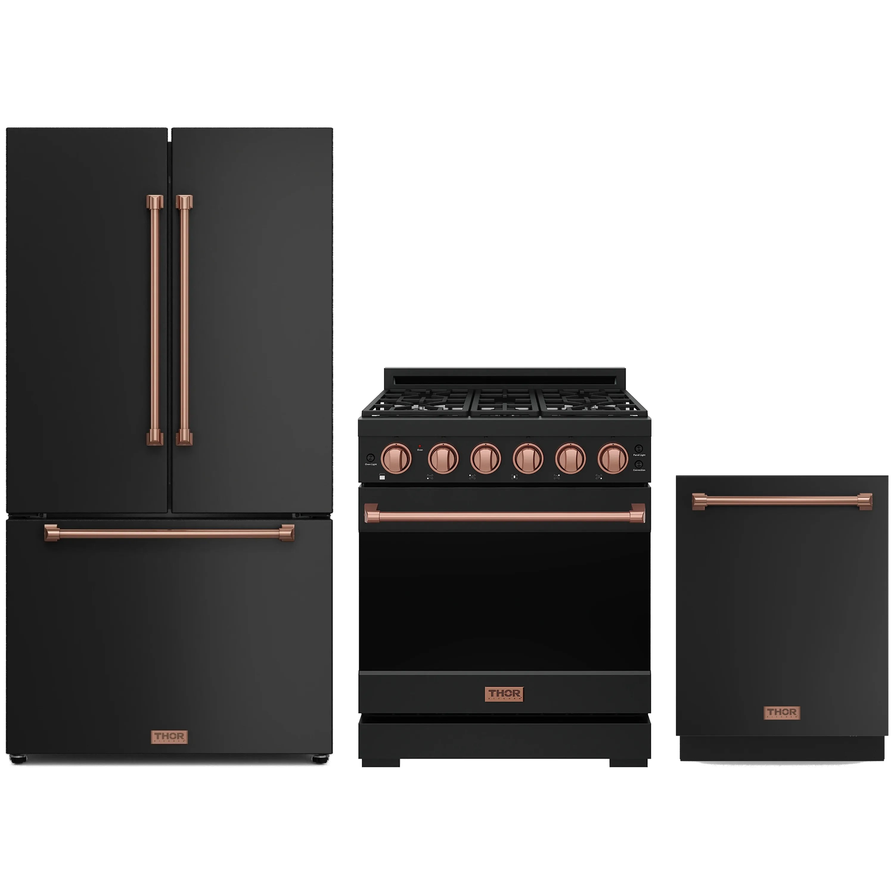 3-piece black appliance package with rose gold trim: range, refrigerator, and dishwasher