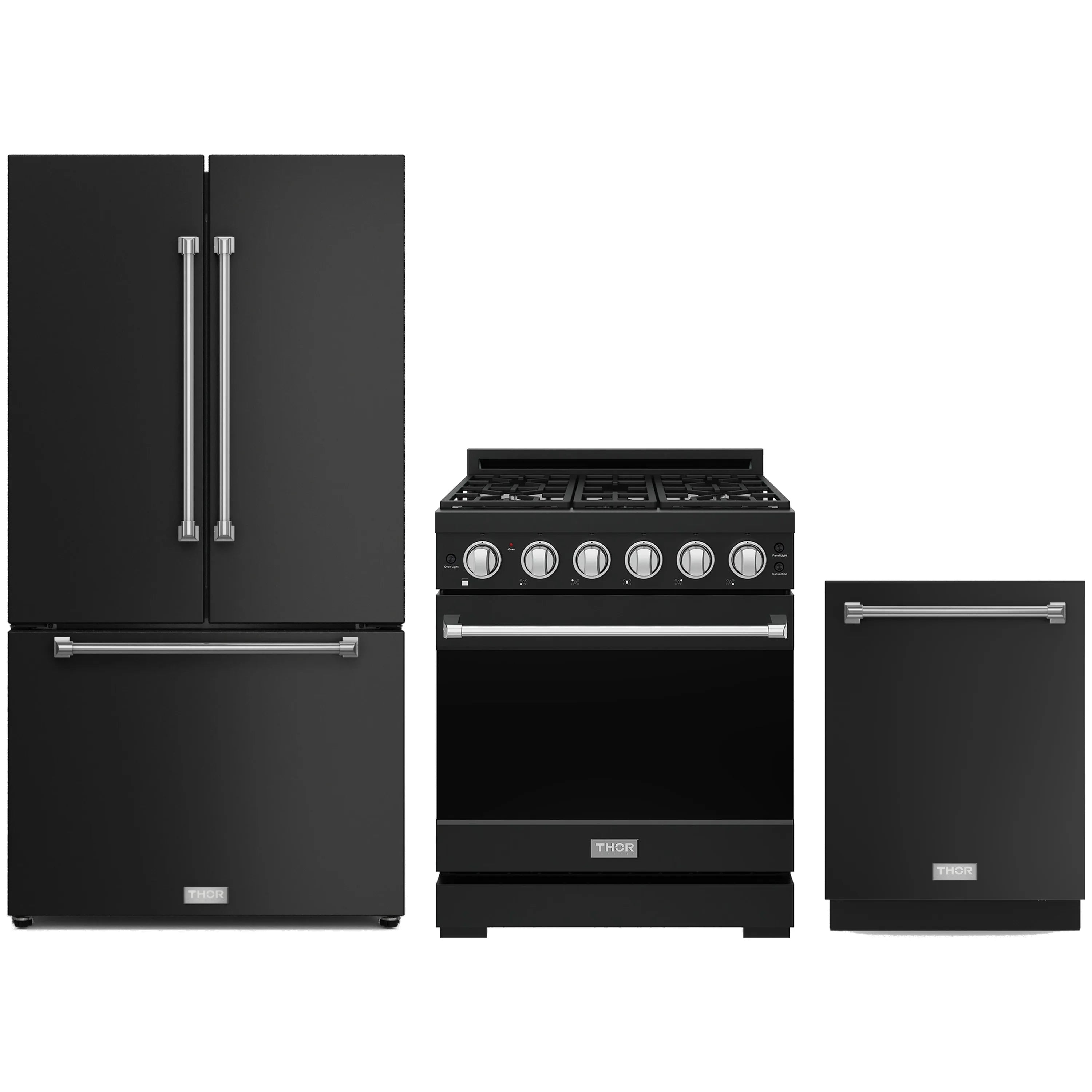Black kitchen appliance package with propane range, counter-depth fridge, and dishwasher set