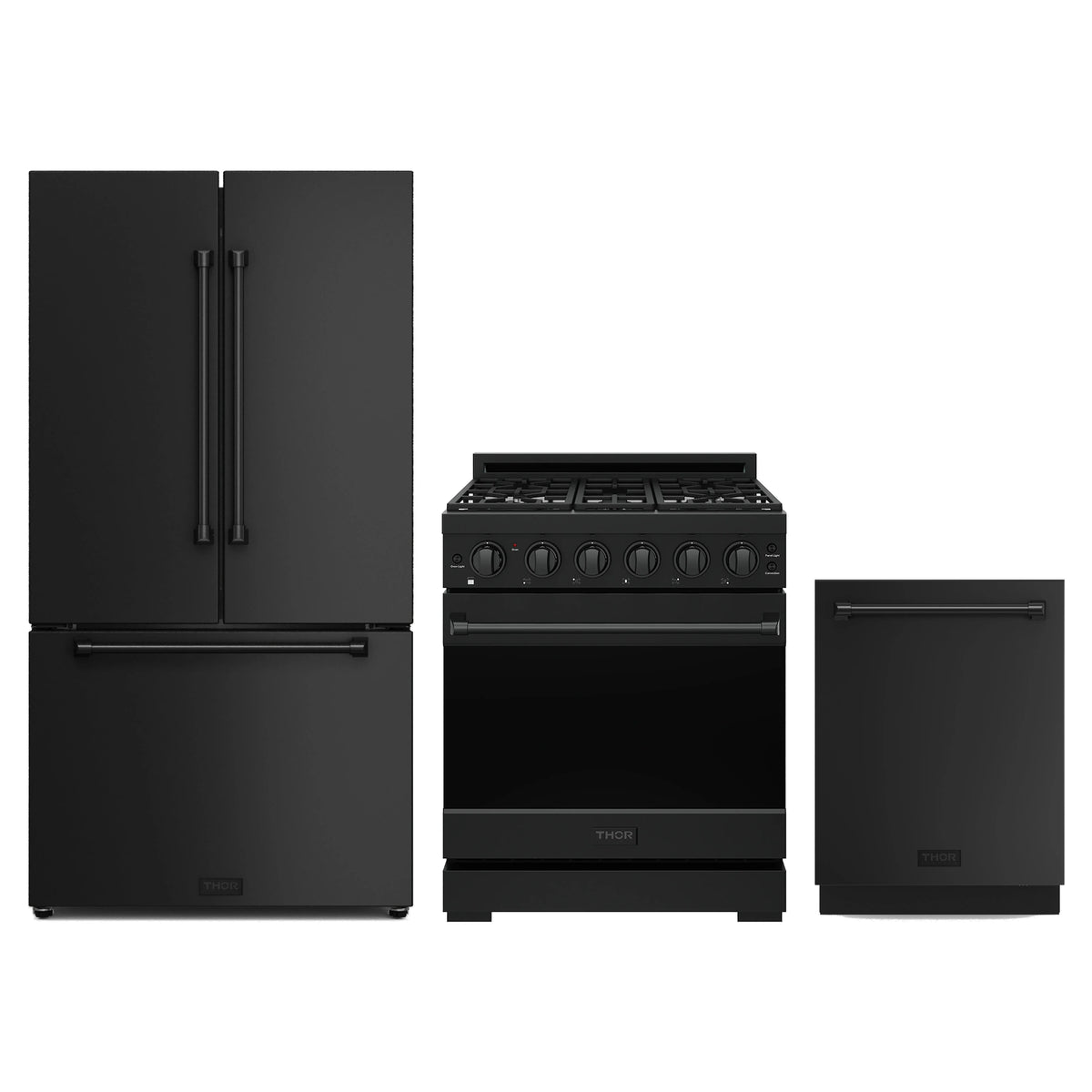 Gordon Ramsay by Thor Kitchen 3-Piece Appliance Package - 30-Inch Natural Gas Range, Counter-Depth Refrigerator, & Dishwasher in Matte Black