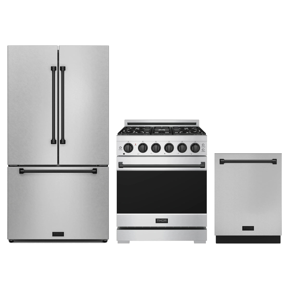 Gordon Ramsay by Thor Kitchen 3-Piece Appliance Package - 30-Inch Propane Gas Range, Counter-Depth Refrigerator, & Dishwasher in Stainless Steel with Black Trim