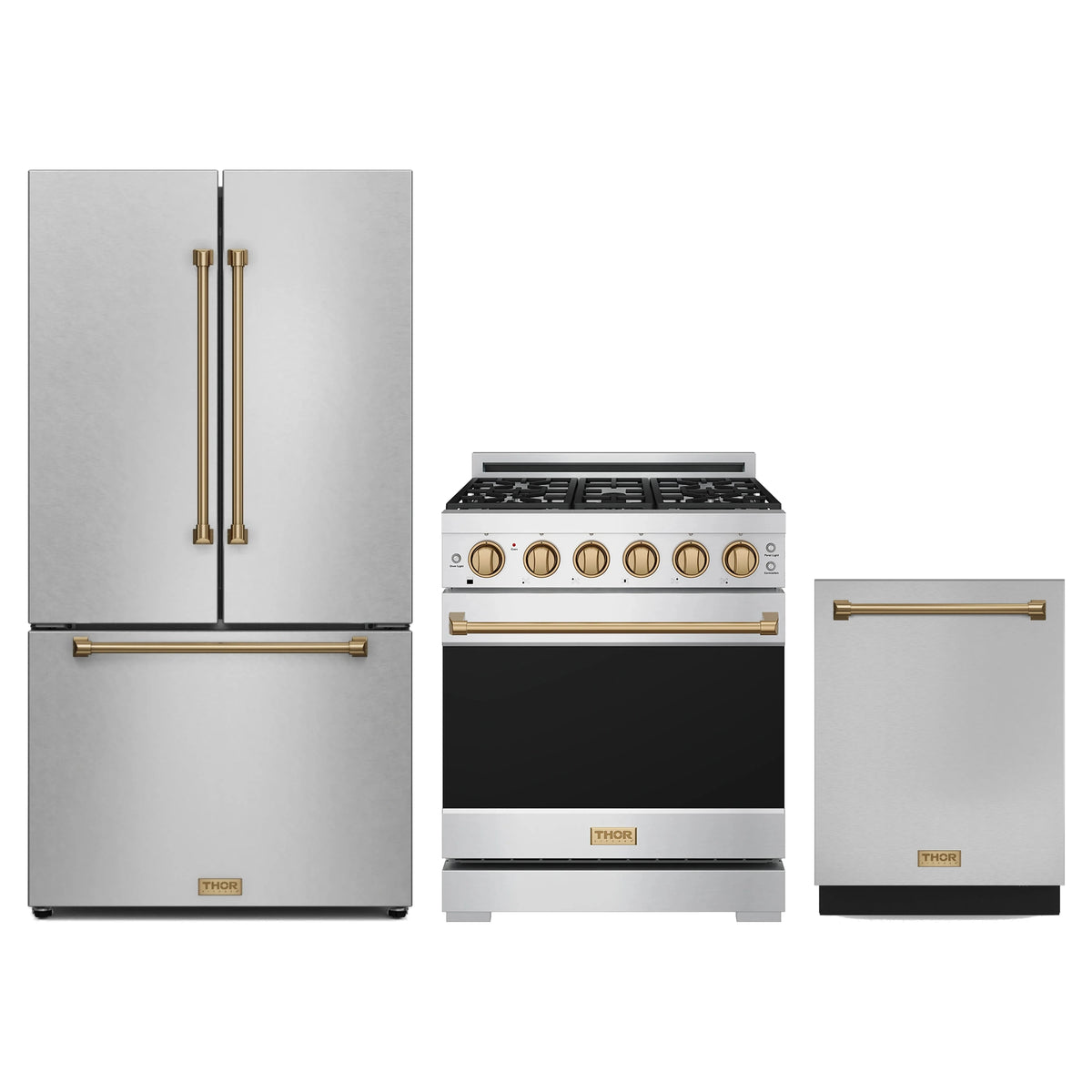 Gordon Ramsay by Thor Kitchen 3-Piece Appliance Package - 30-Inch Propane Gas Range, Counter-Depth Refrigerator, & Dishwasher in Stainless Steel with Bronze Trim