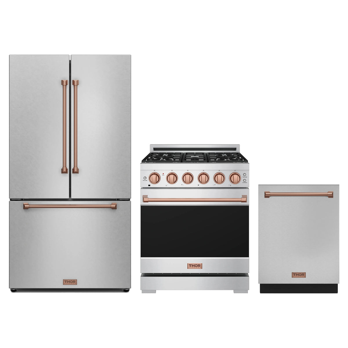Gordon Ramsay by Thor Kitchen 3-Piece Appliance Package - 30-Inch Propane Gas Range, Counter-Depth Refrigerator, & Dishwasher in Stainless Steel with Rose Gold Trim