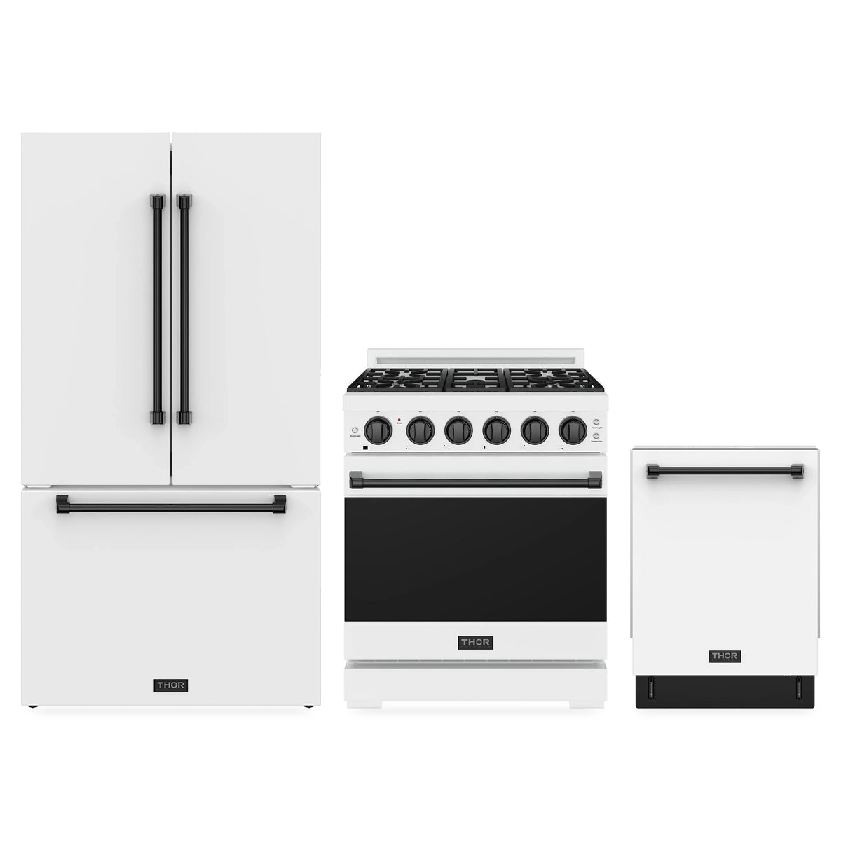 Gordon Ramsay by Thor Kitchen 3-Piece Appliance Package - 30-Inch Natural Gas Range, Counter-Depth Refrigerator, & Dishwasher in White with Black Trim