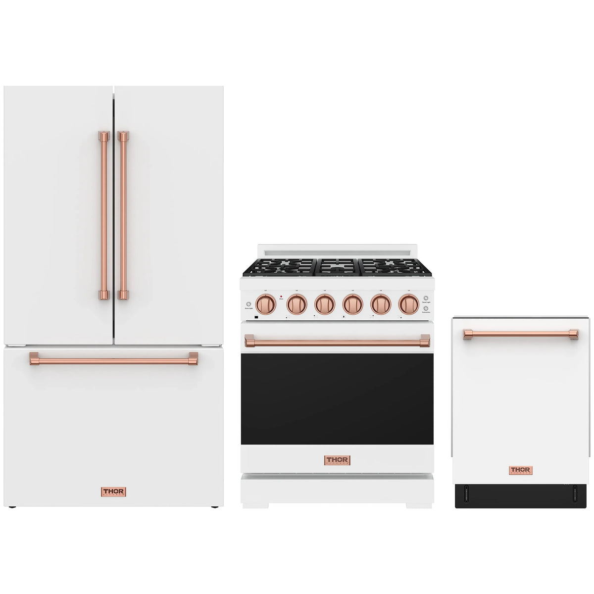 White Gordon Ramsay by Thor Kitchen appliance package with 30-inch natural gas range, French door refrigerator, dishwasher