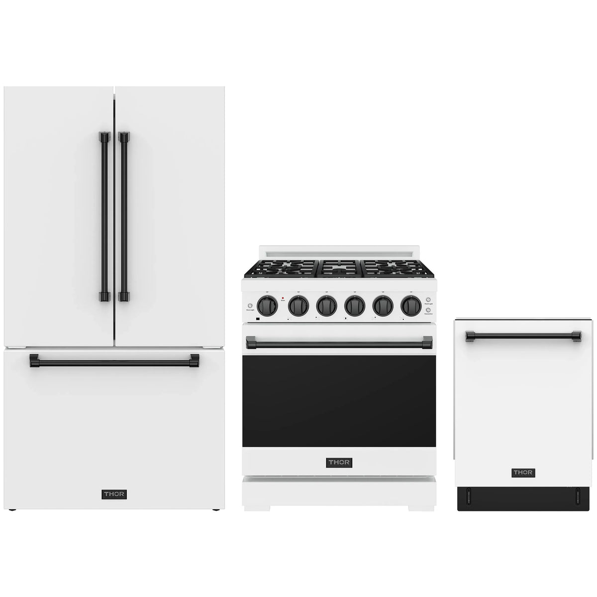 White Gordon Ramsay by Thor Kitchen appliance package with 30-inch propane range, French door refrigerator, dishwasher