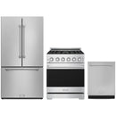 Stainless steel Thor Kitchen appliance package with 30-inch range, counter-depth refrigerator, dishwasher