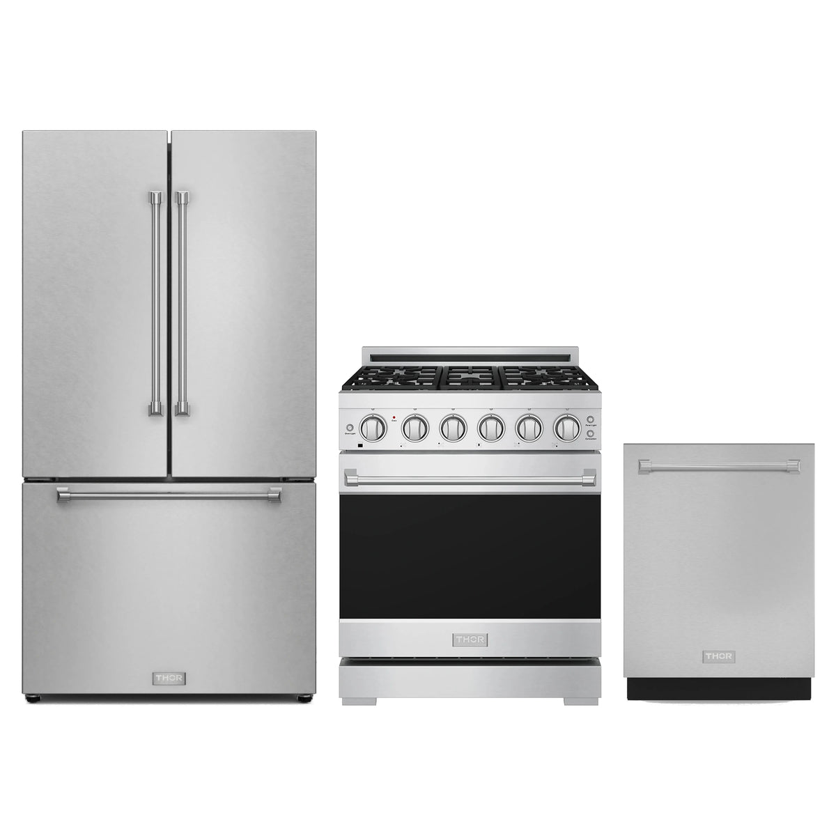 Gordon Ramsay by Thor Kitchen 3-Piece Appliance Package - 30-Inch Natural Gas Range, Counter-Depth Refrigerator, & Dishwasher in Stainless Steel