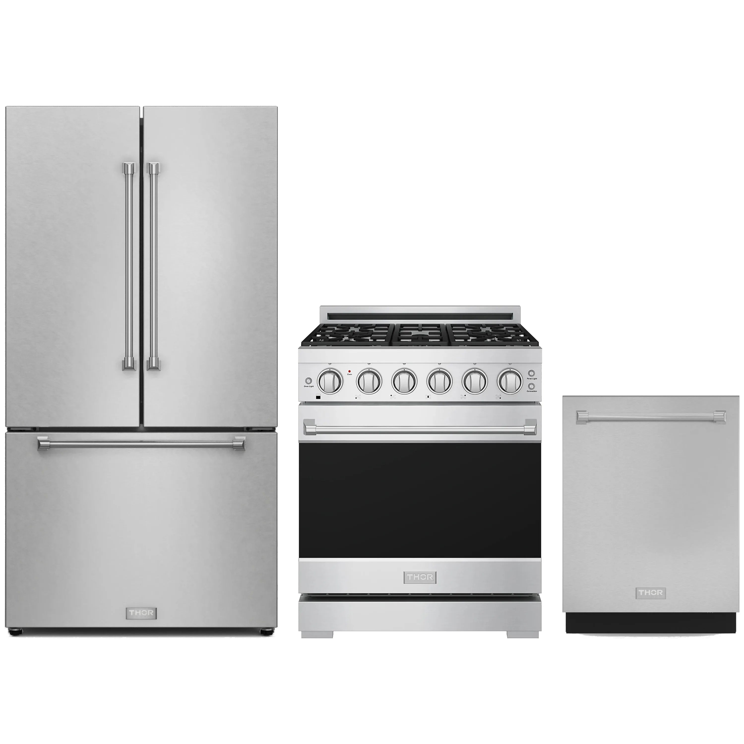 3-piece stainless steel appliance package: counter-depth refrigerator, gas range, dishwasher