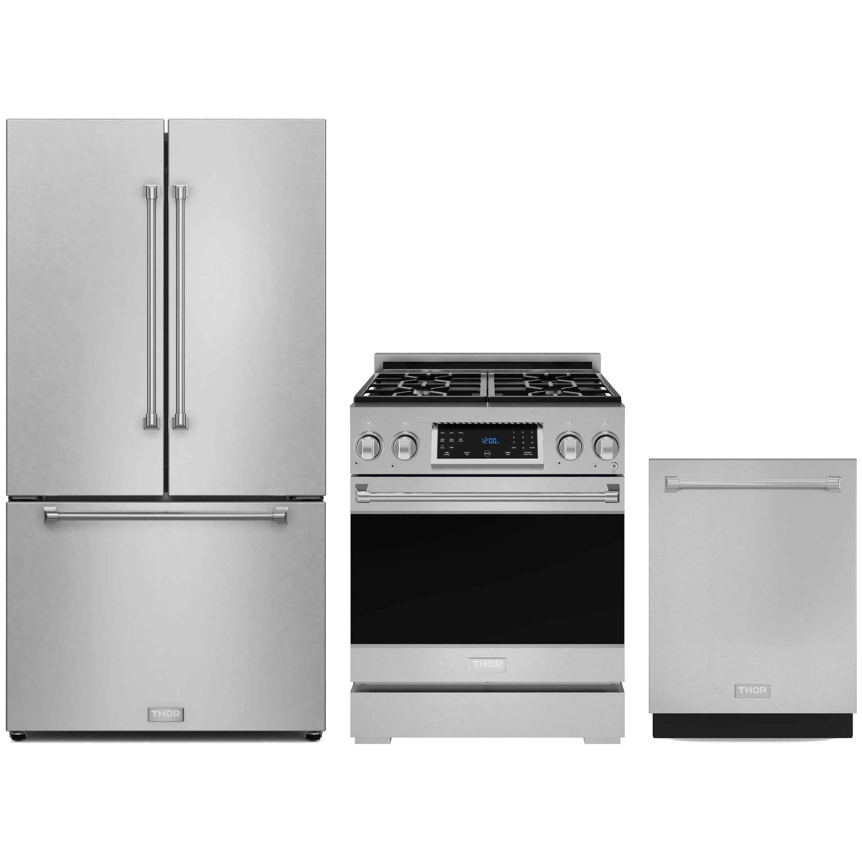 Thor Kitchen stainless steel appliance package: range, refrigerator, and dishwasher set