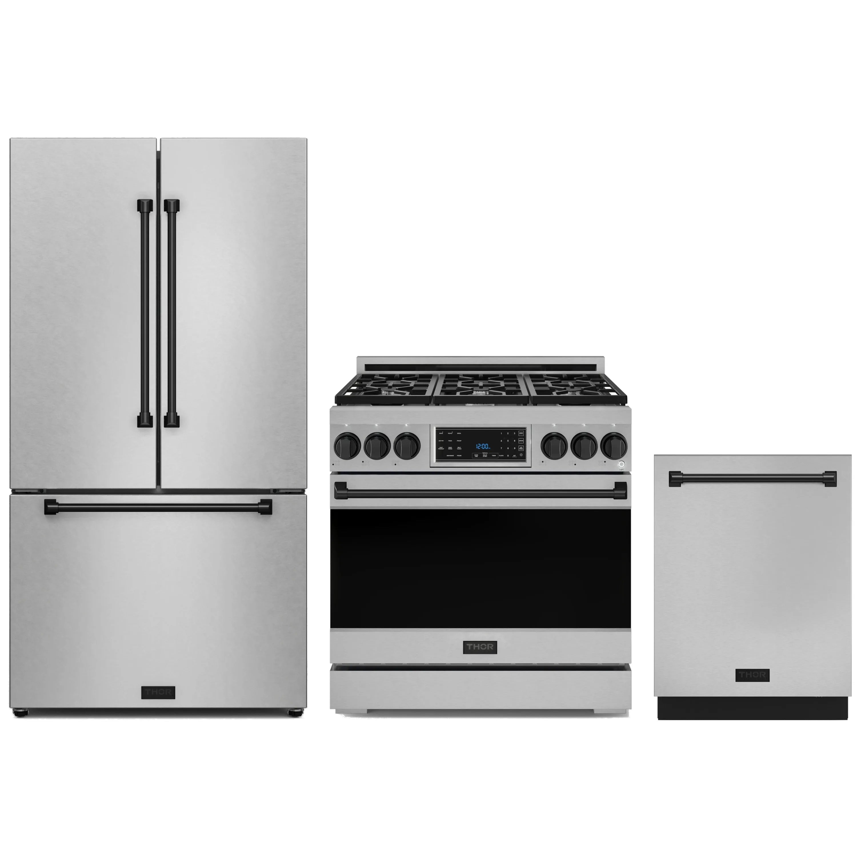 Stainless steel appliance package with black trim: fridge, gas range, and dishwasher