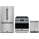 Gordon Ramsay by Thor Kitchen 3-Piece Appliance Package - 36-Inch Propane Gas Range, Tilt Panel, 36-Inch Refrigerator, and Dishwasher in Stainless Steel with Blue Trim