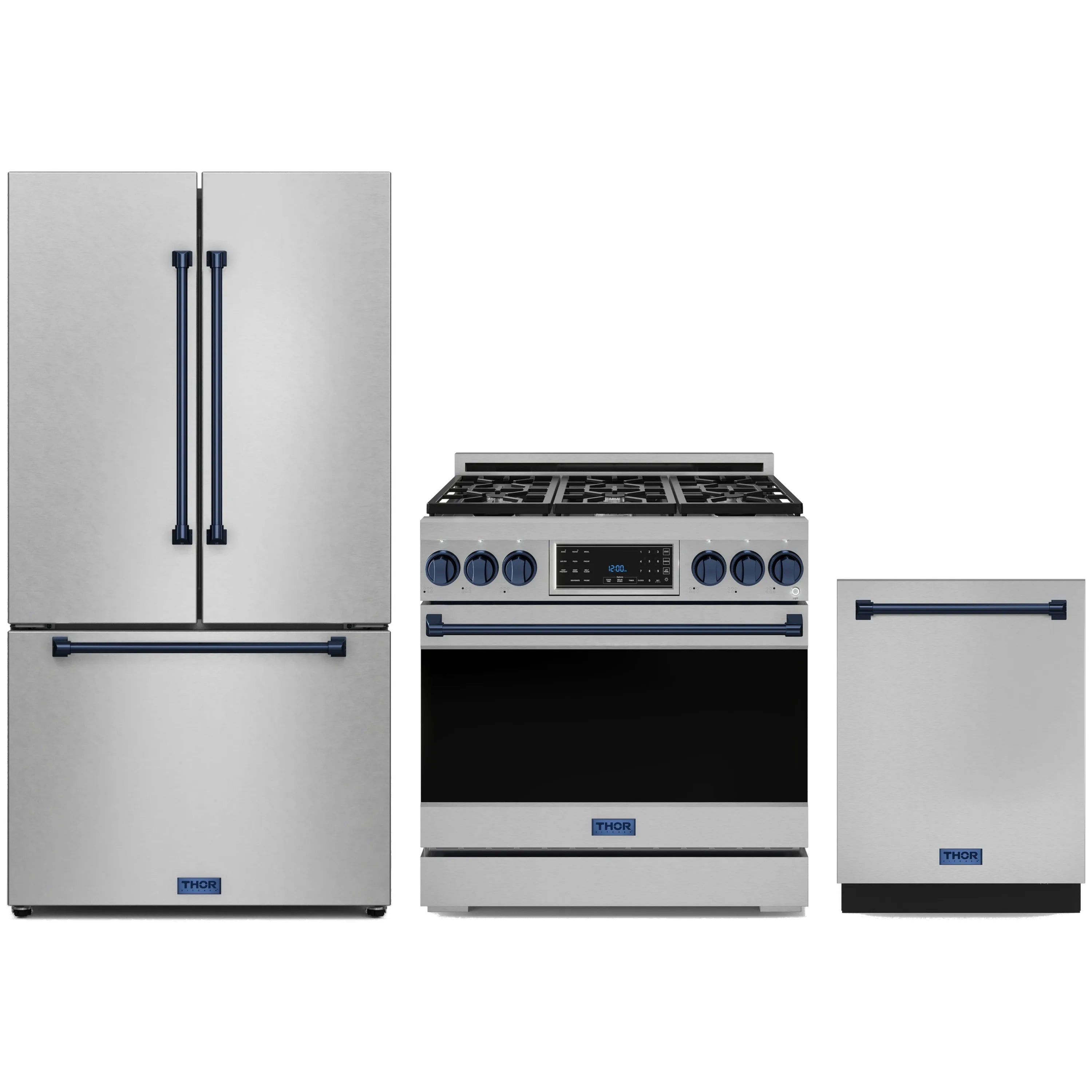 Stainless steel appliance package with blue trim: refrigerator, gas range, dishwasher