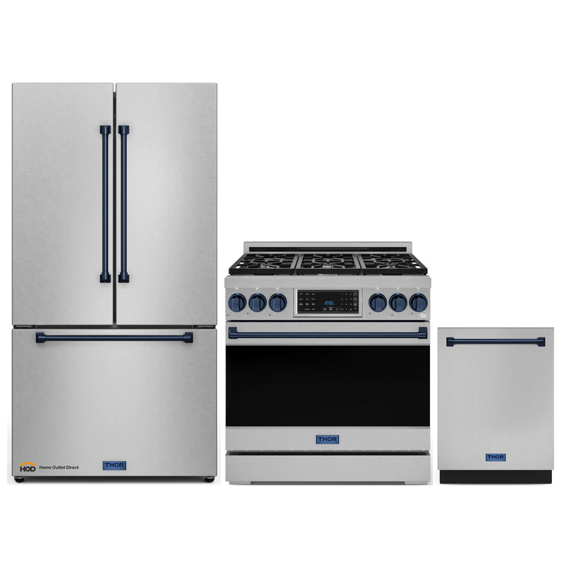 Thor Kitchen Gordon Ramsay 3-Piece Appliance Package - 36-Inch Gas Range with Tilt Panel, 36-Inch Refrigerator, and Dishwasher in Stainless Steel with Blue Trim